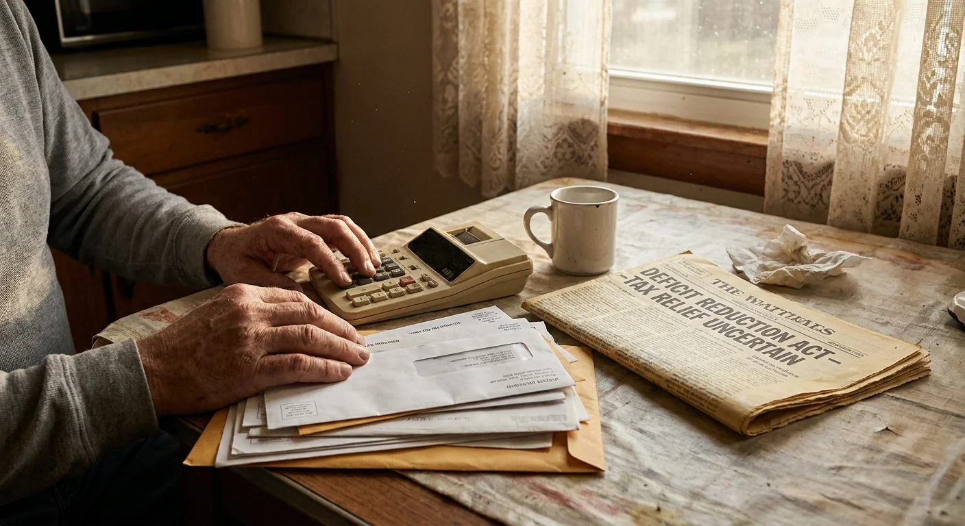 Hands resting on a kitchen table covered in bills and a 1993 newspaper about the Deficit Reduction Act.