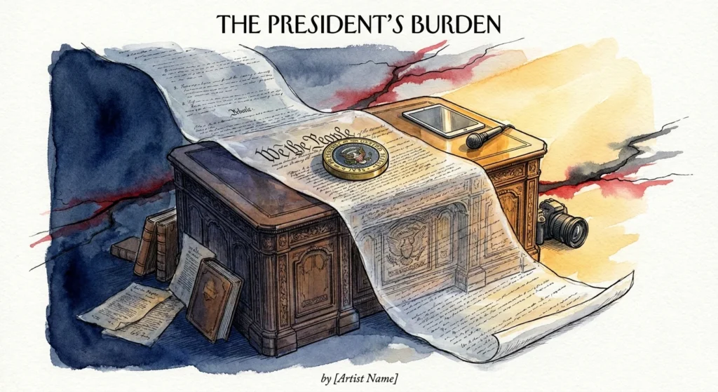 Ink and watercolor illustration of a presidential desk draped with the Constitution, symbolizing historical weight and modern debate.