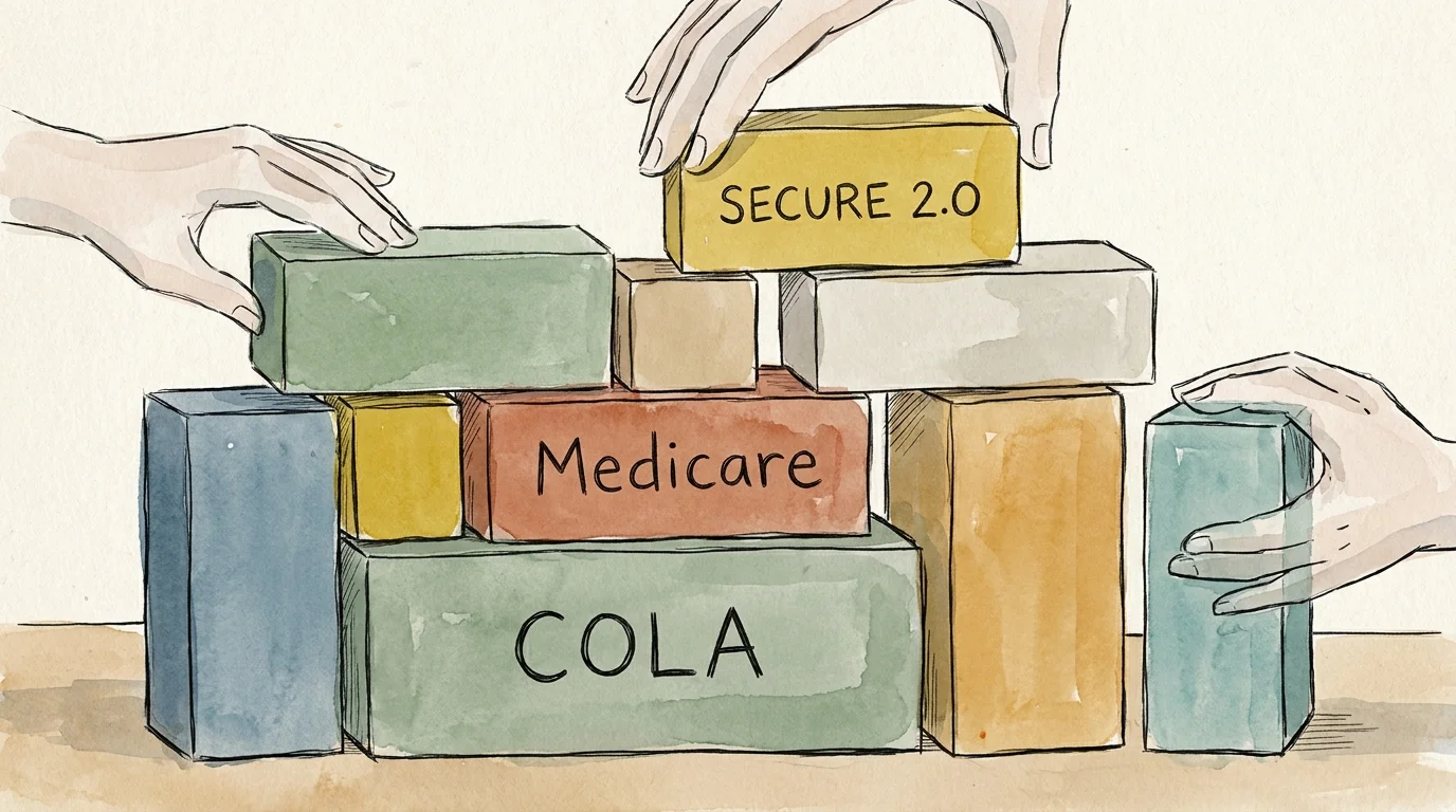 Ink and watercolor illustration of eight building blocks representing different retirement policy changes.
