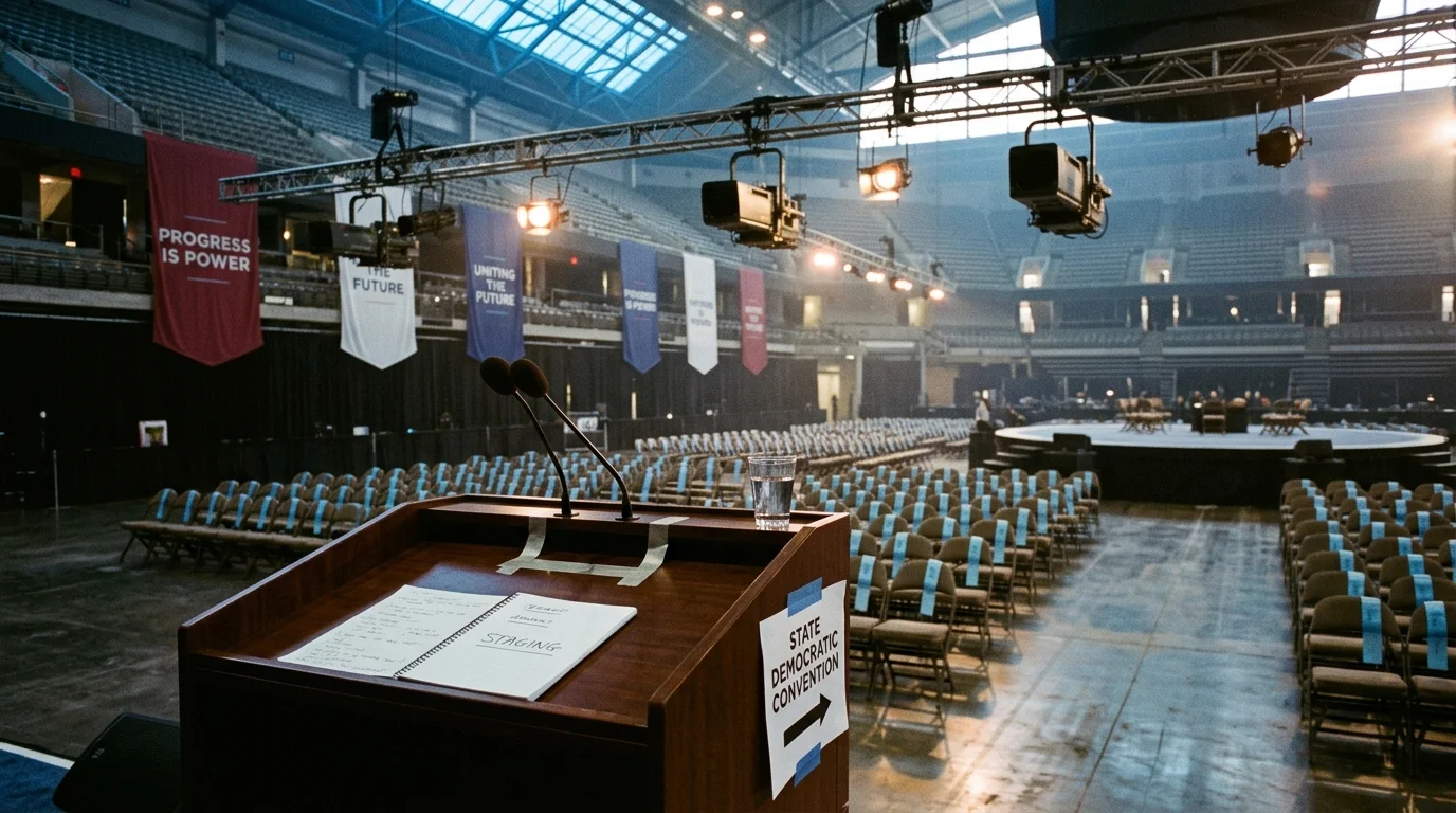Empty convention arena with rows of chairs, overhead stage lights, and a podium labeled State Democratic Convention.