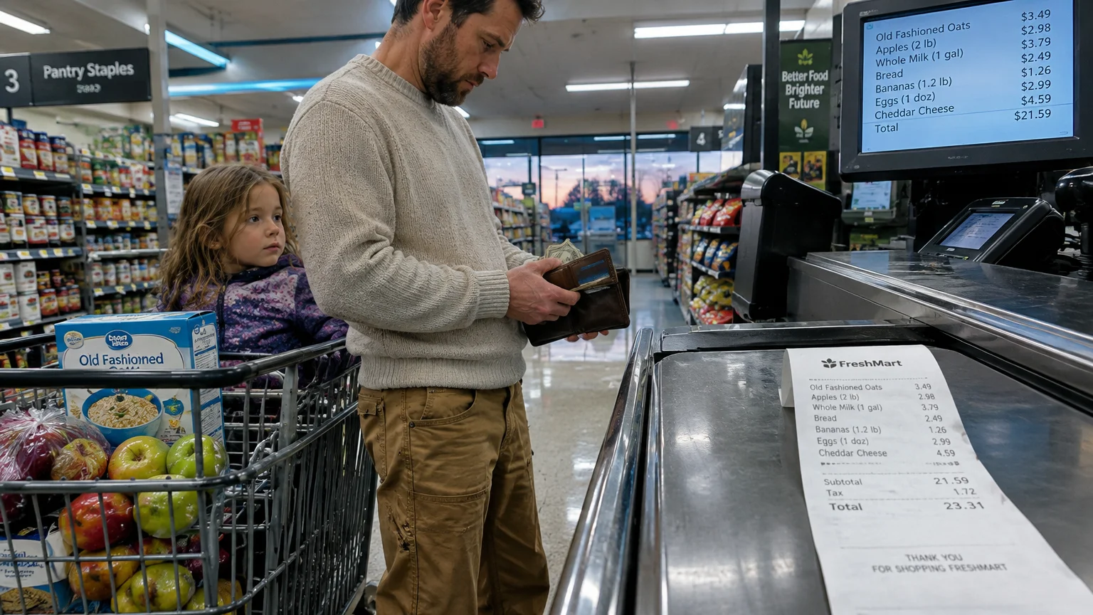 A man opens his wallet at a grocery store checkout counter while a young child sits beside him in the shopping cart.