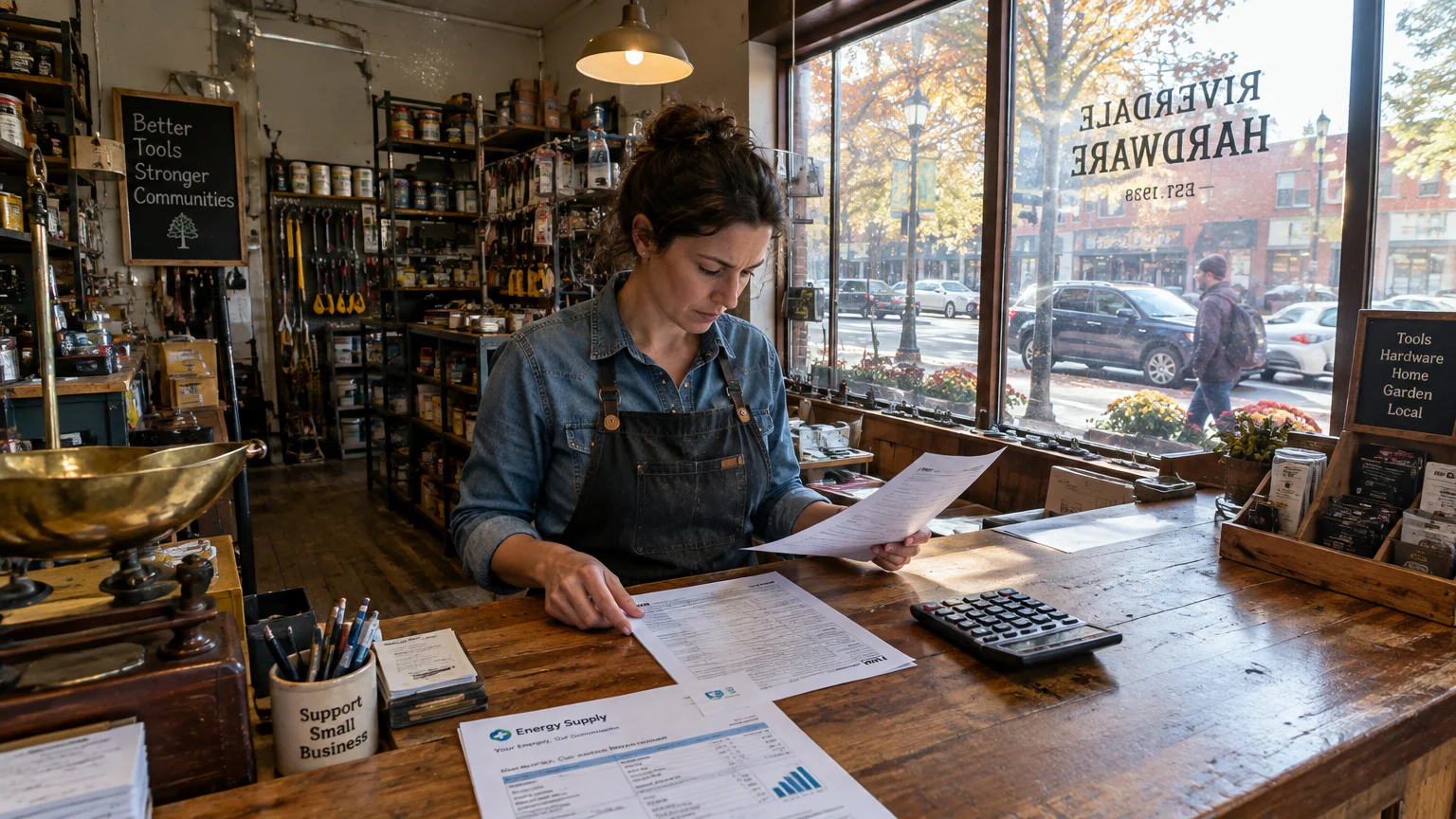 A woman wearing an apron stands behind a hardware store counter reviewing papers near a calculator.