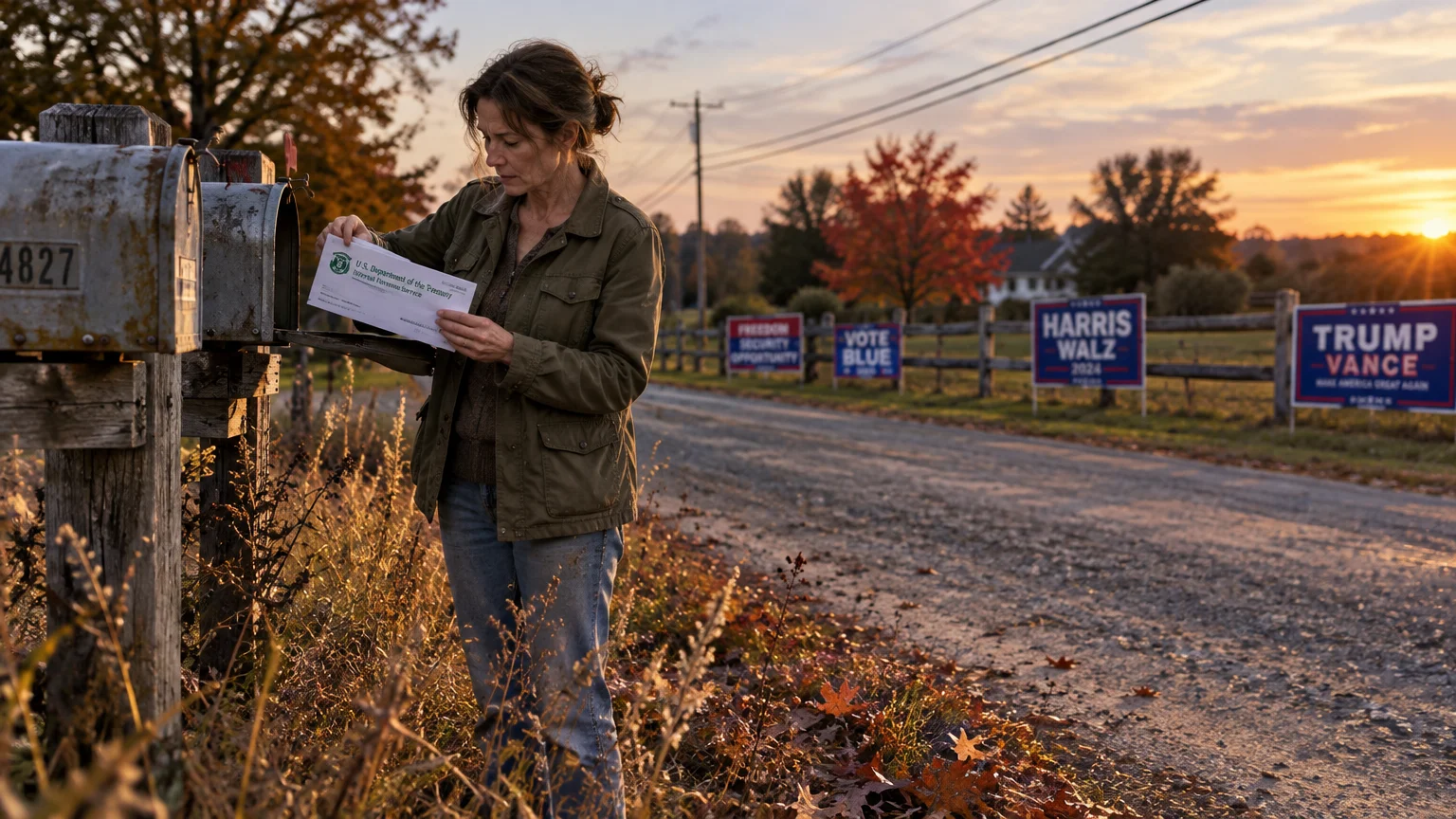 A woman opens a rural mailbox holding government mail alongside political campaign signs at sunset.