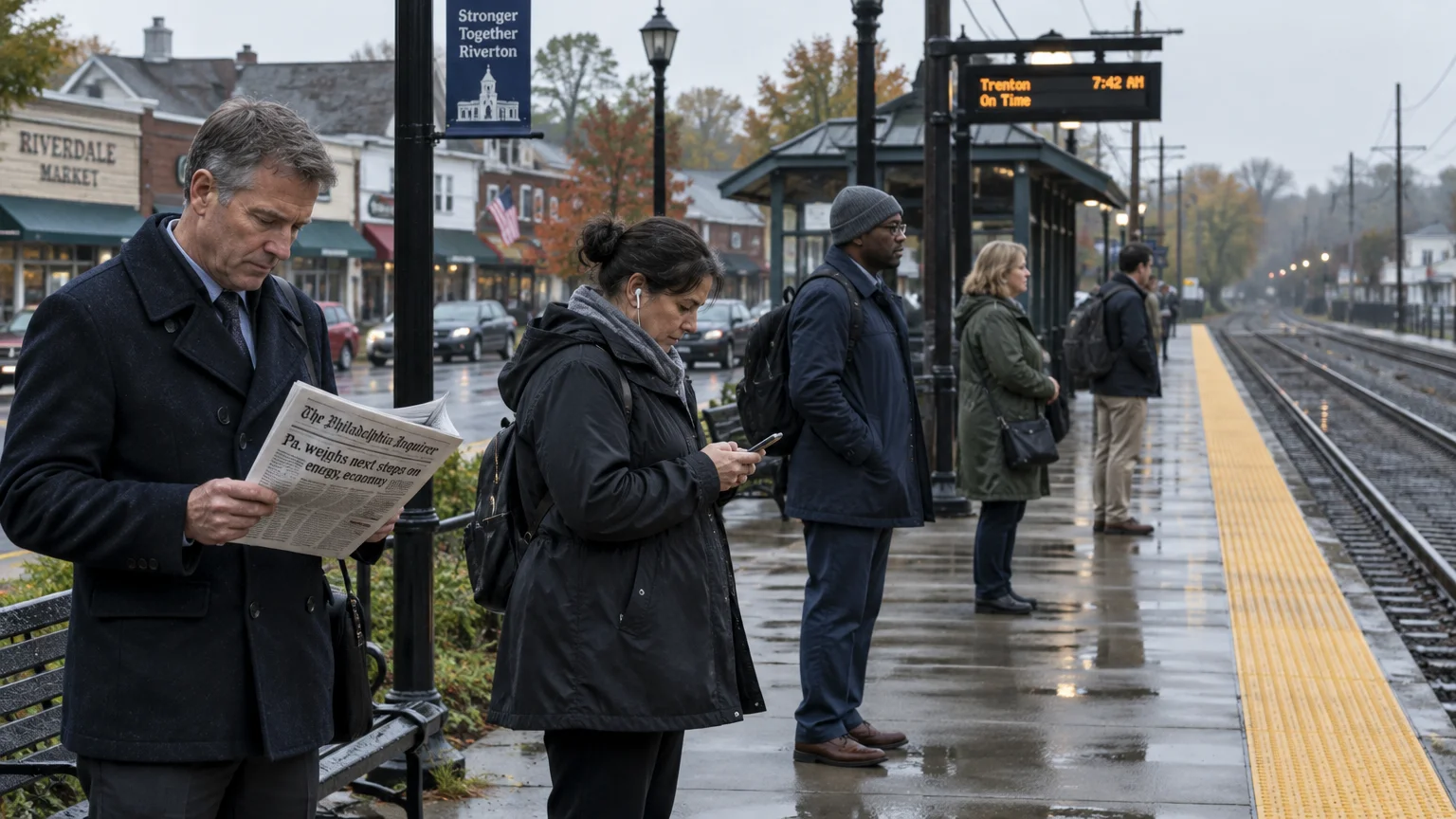 Commuters stand on a wet outdoor train platform on a cloudy day, one reading a newspaper and another checking a phone.