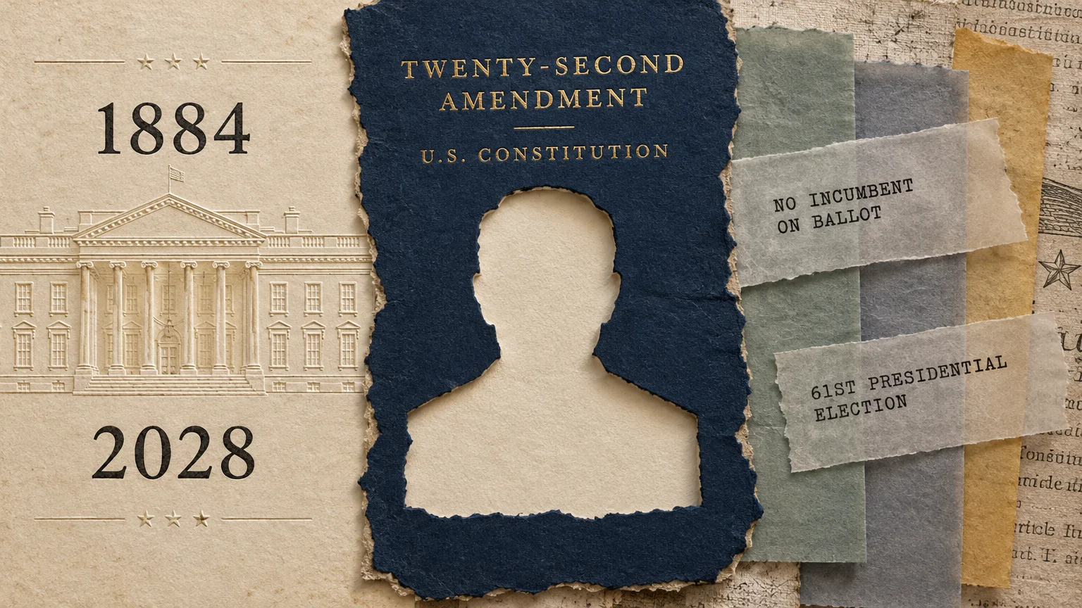Paper collage with White House sketch, years 1884 and 2028, and silhouette cutout labeled Twenty-Second Amendment.