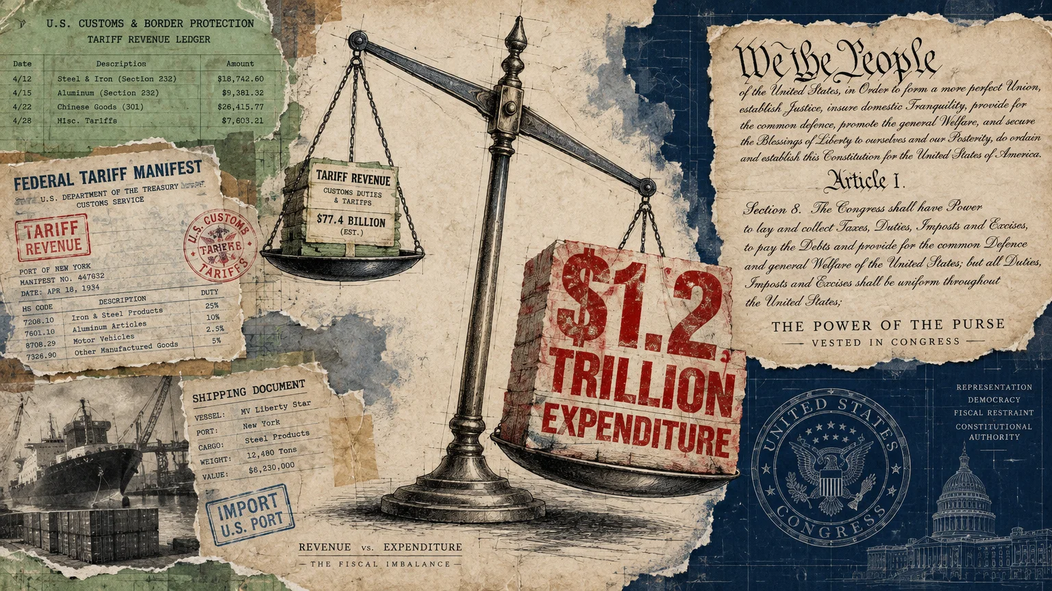 Balance scale weighing tariff revenue against massive expenditure, flanked by U.S. Constitution and Capitol building.