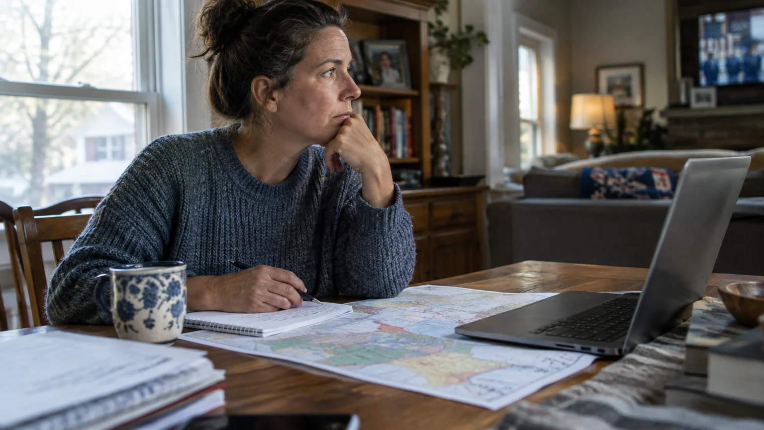 A woman sitting at a dining table looks thoughtfully away from her open laptop, map, and notepad.