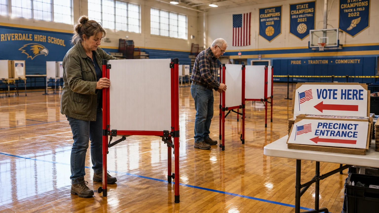 Election workers set up voting privacy booths inside a high school gymnasium beside signs reading "Vote Here.