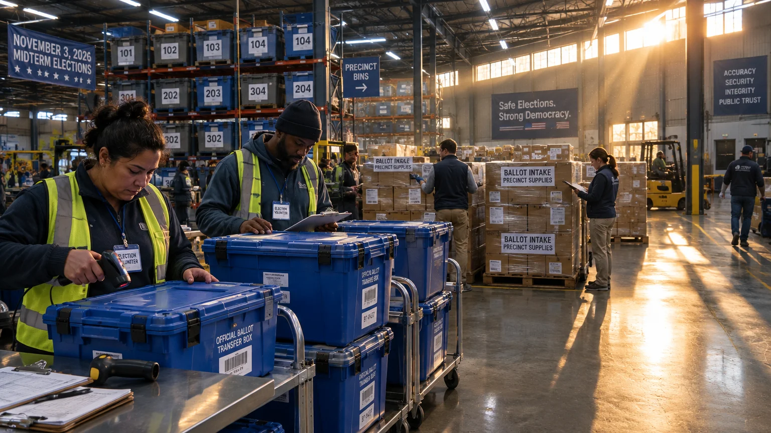 Election workers in safety vests scan and log blue ballot transfer boxes inside a large warehouse facility.