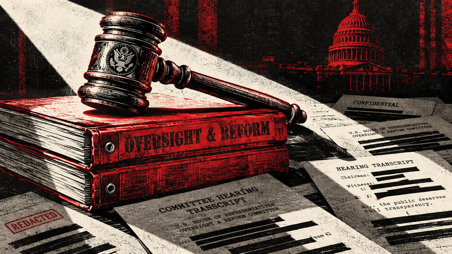 A wooden gavel resting on red binders labeled Oversight & Reform beside redacted hearing transcripts and the US Capitol.