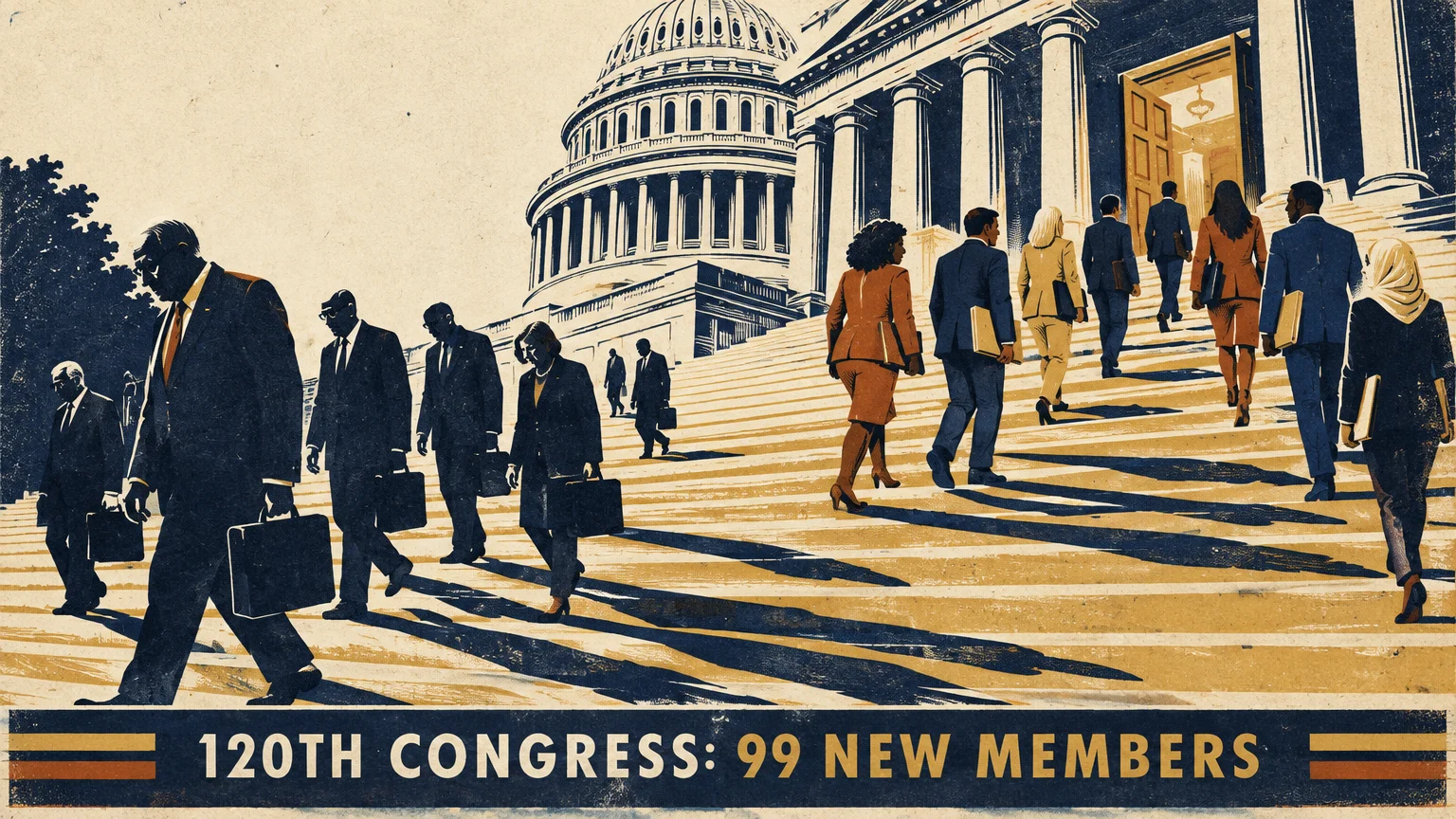Illustration of people in business attire walking up and down the steps outside the U.S. Capitol building.
