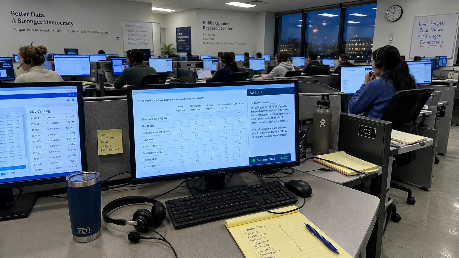Workers wearing headsets sit at computer cubicles inside a public opinion research center call floor.