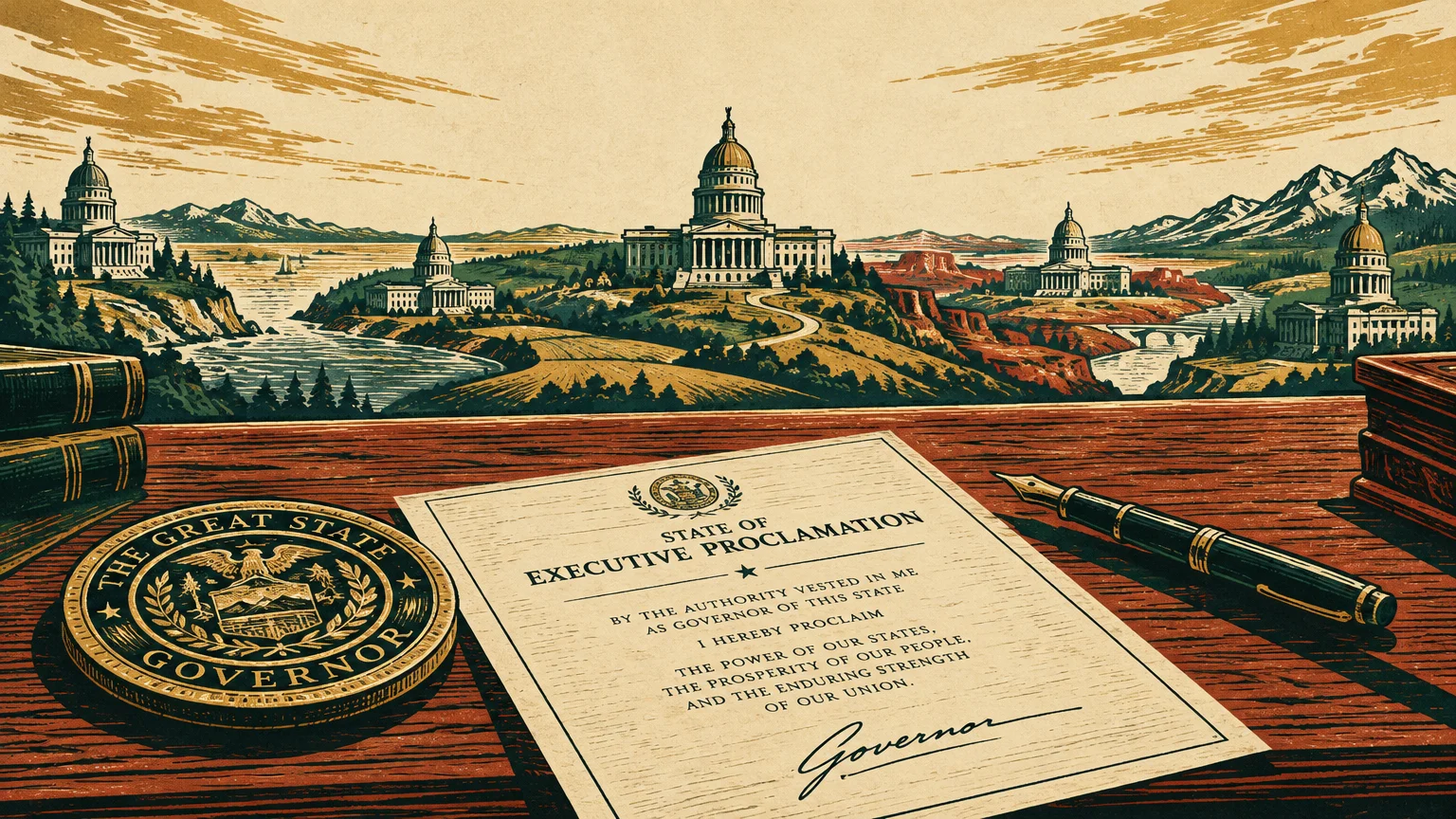 Gubernatorial proclamation, seal, and pen on a desk overlooking multiple state capitol buildings across a landscape.