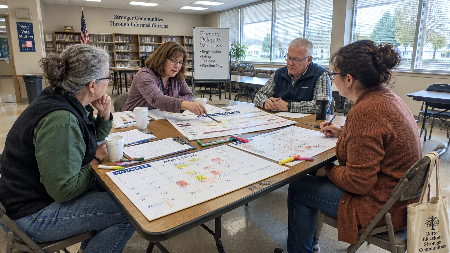 Four people sit around a folding table covered with large calendar charts and markers in a community room.