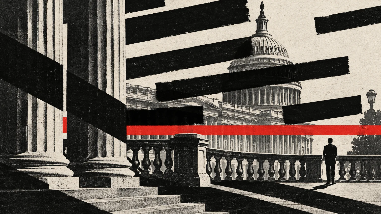 Stylized illustration of the U.S. Capitol building obscured by black and red horizontal brushstrokes, with a lone silhouette.