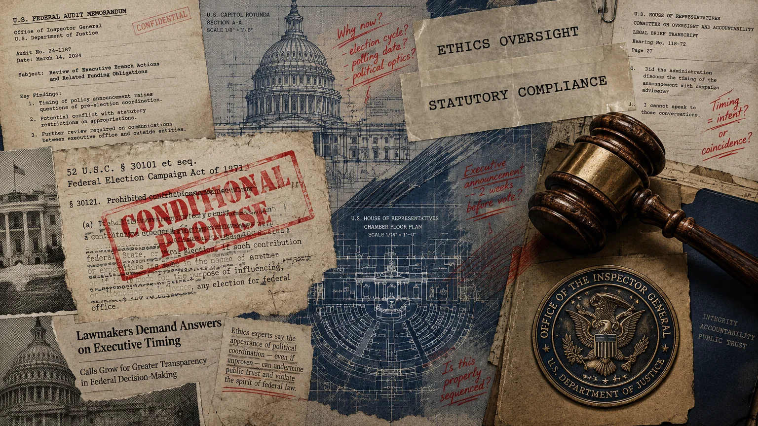 Mixed media collage of federal audit memos, legal statutes stamped "CONDITIONAL PROMISE," blueprints, and a wooden gavel.