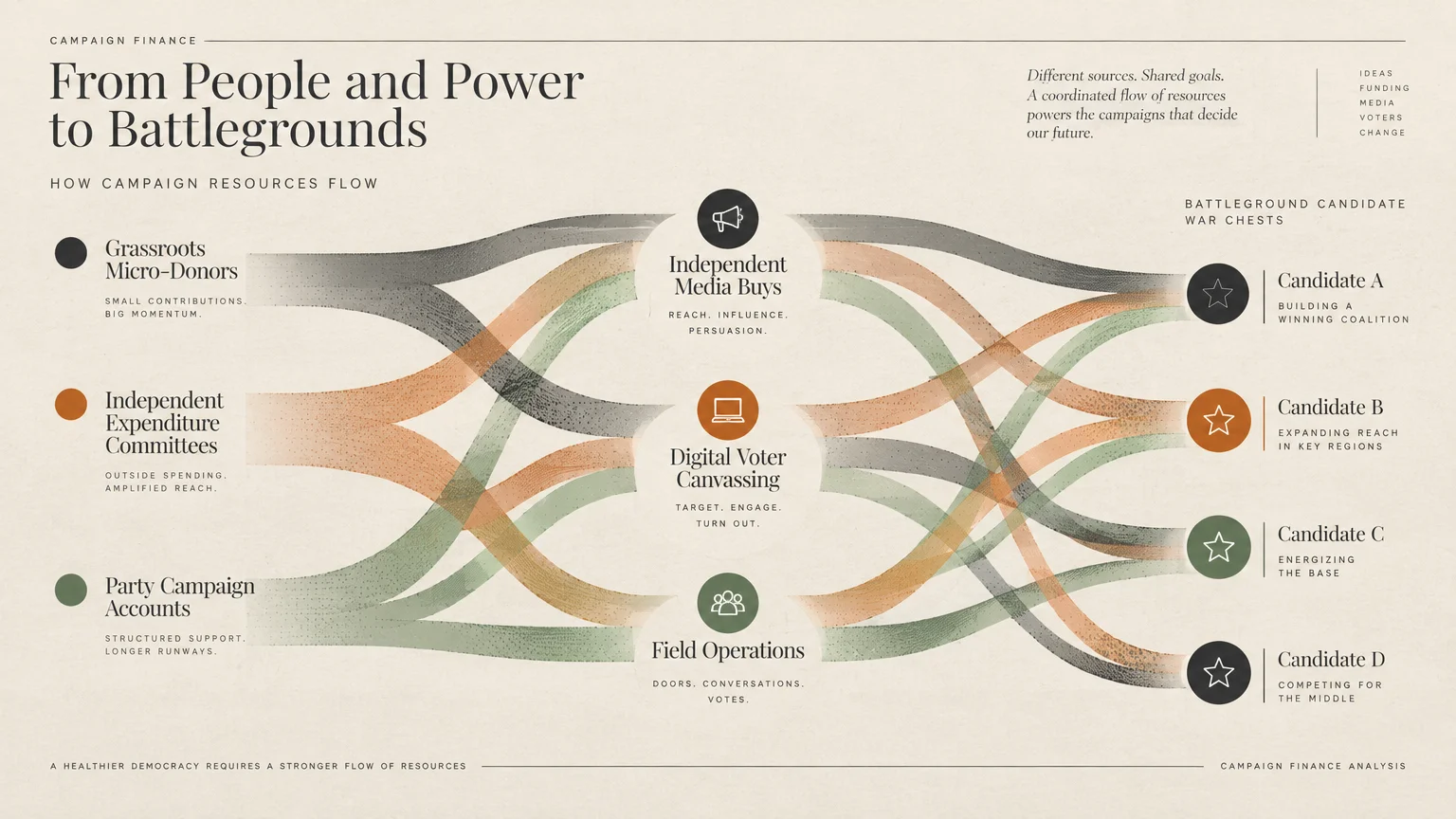 Flow diagram tracing funds from donors through media and field operations into battleground candidate war chests.