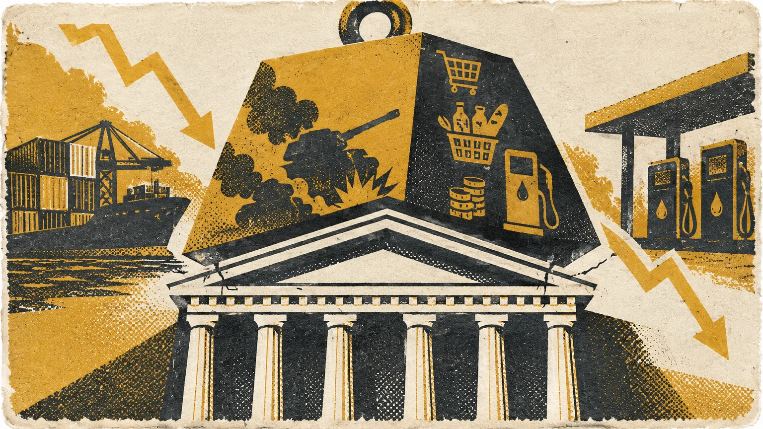 Illustration of a heavy weight crushing a neoclassical building, surrounded by gas pumps, shipping containers, and a tank.