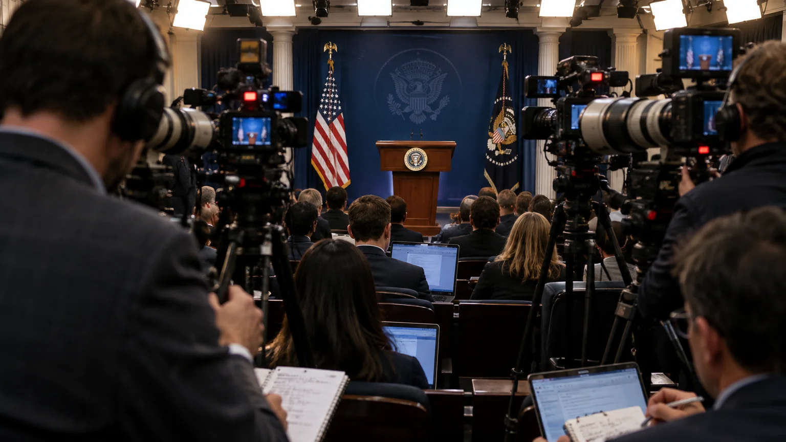 Journalists with laptops and television cameras face an empty podium in the White House press briefing room.