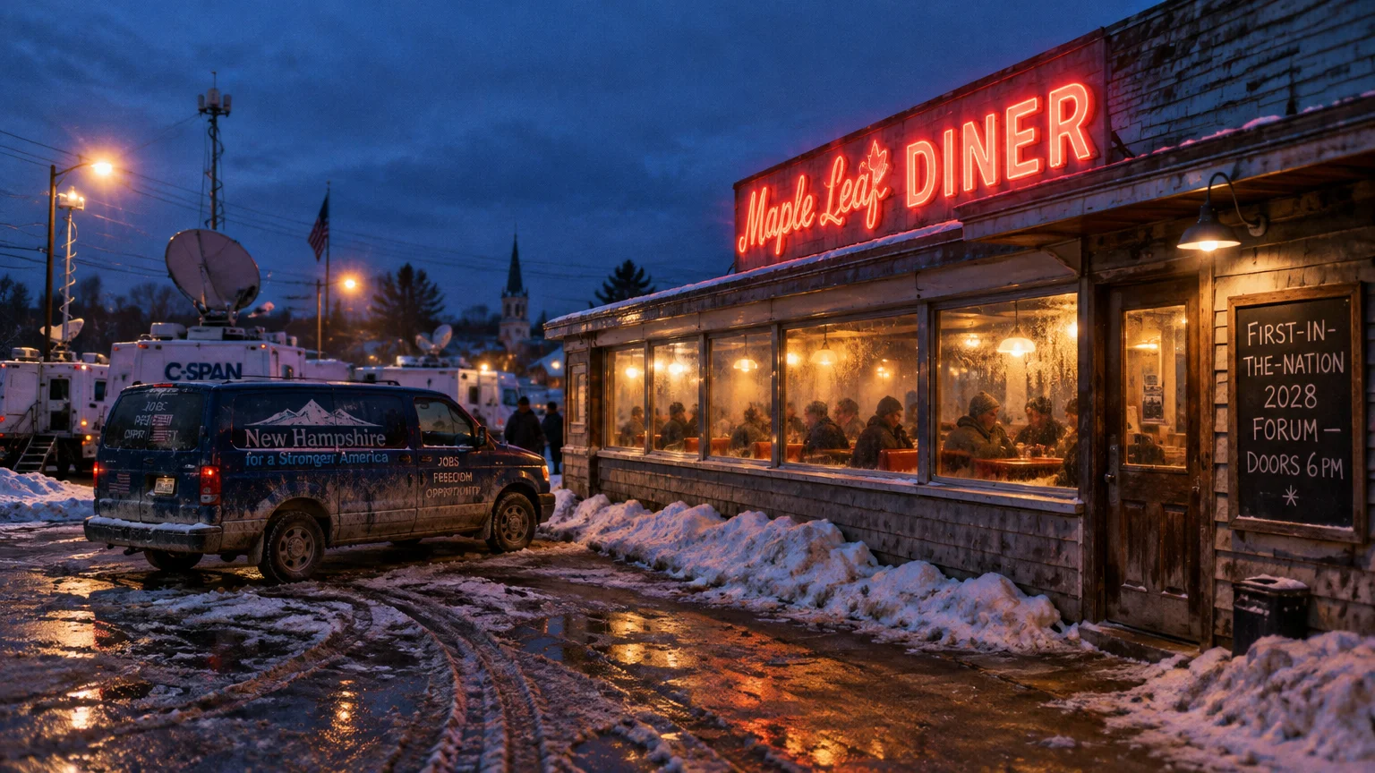 Maple Leaf Diner illuminated by neon signs at dusk in the snow, surrounded by news satellite trucks and parked vans.